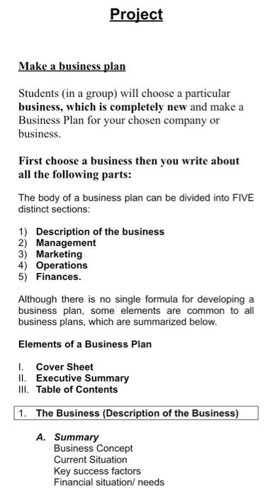 Project Make a business plan Students (in a