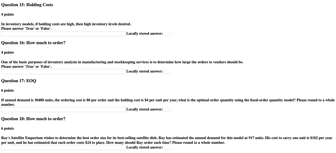 Question 15: Holding Costs 4 points In inventory