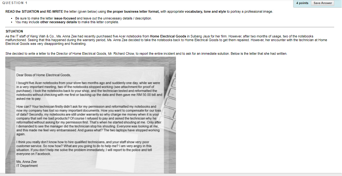 QUESTION 1 4 points Save Answer READ the