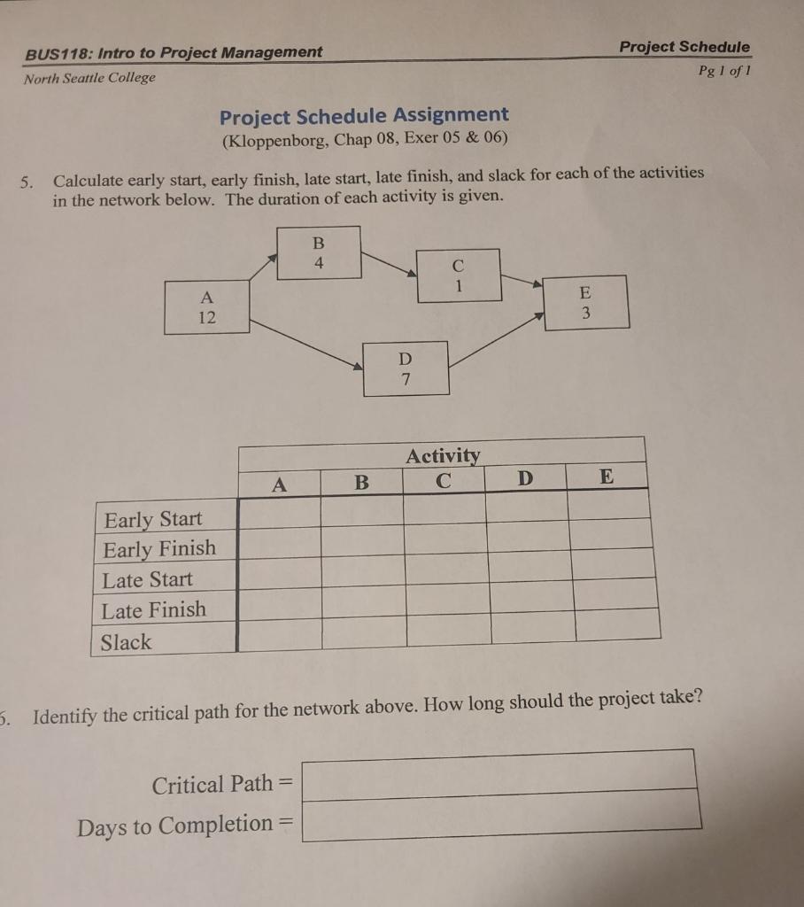BUS118: Intro to Project Management North Seattle