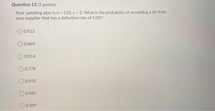 Question 12 (2 points) Your sampling plan is n =