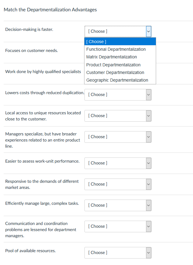 Match the Departmentalization Advantages