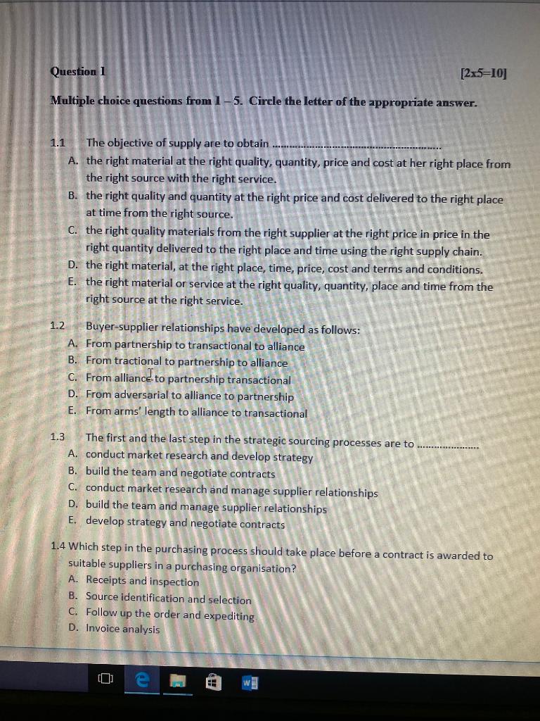 Question 1 [2x5=10] Multiple choice questions