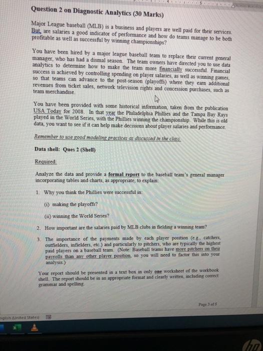 Question 2 on Diagnostic Analytics (30 Marks)