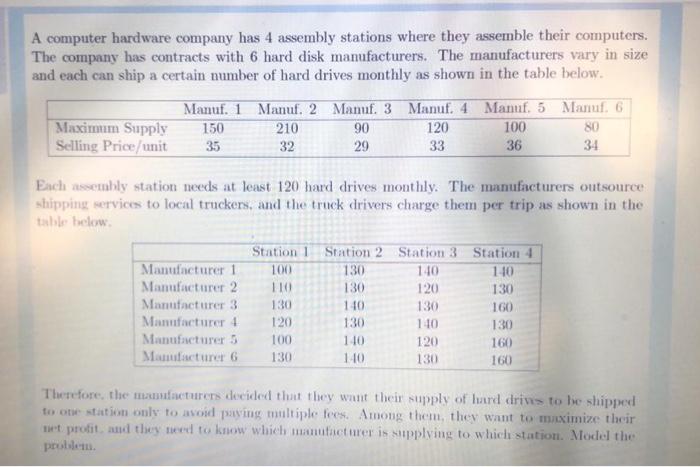A computer hardware company has 4 assembly