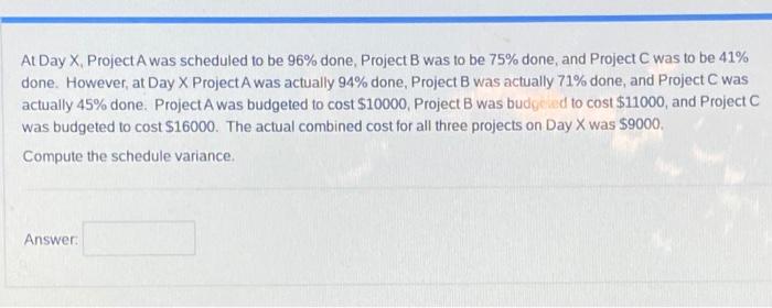 At Day X Project A was scheduled to be 96% done,
