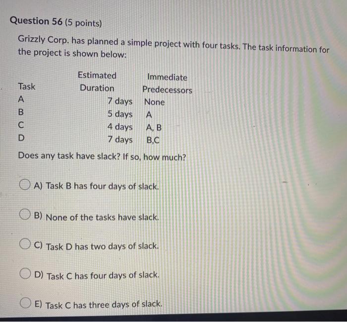 HELP PLEASE Question 55 ( 5 points) Grizzly Corp.