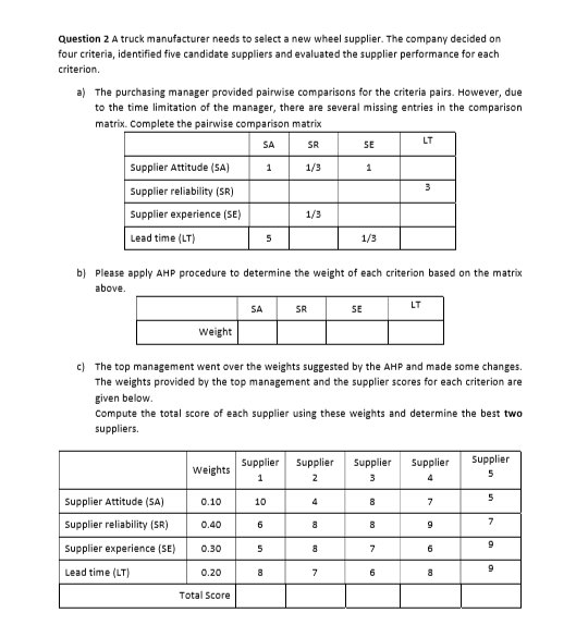 Question 2 A truck manufacturer needs to select a