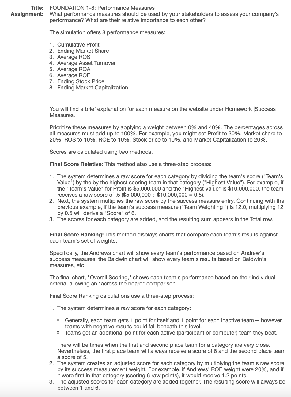 Title: FOUNDATION 1-8: Performance Measures