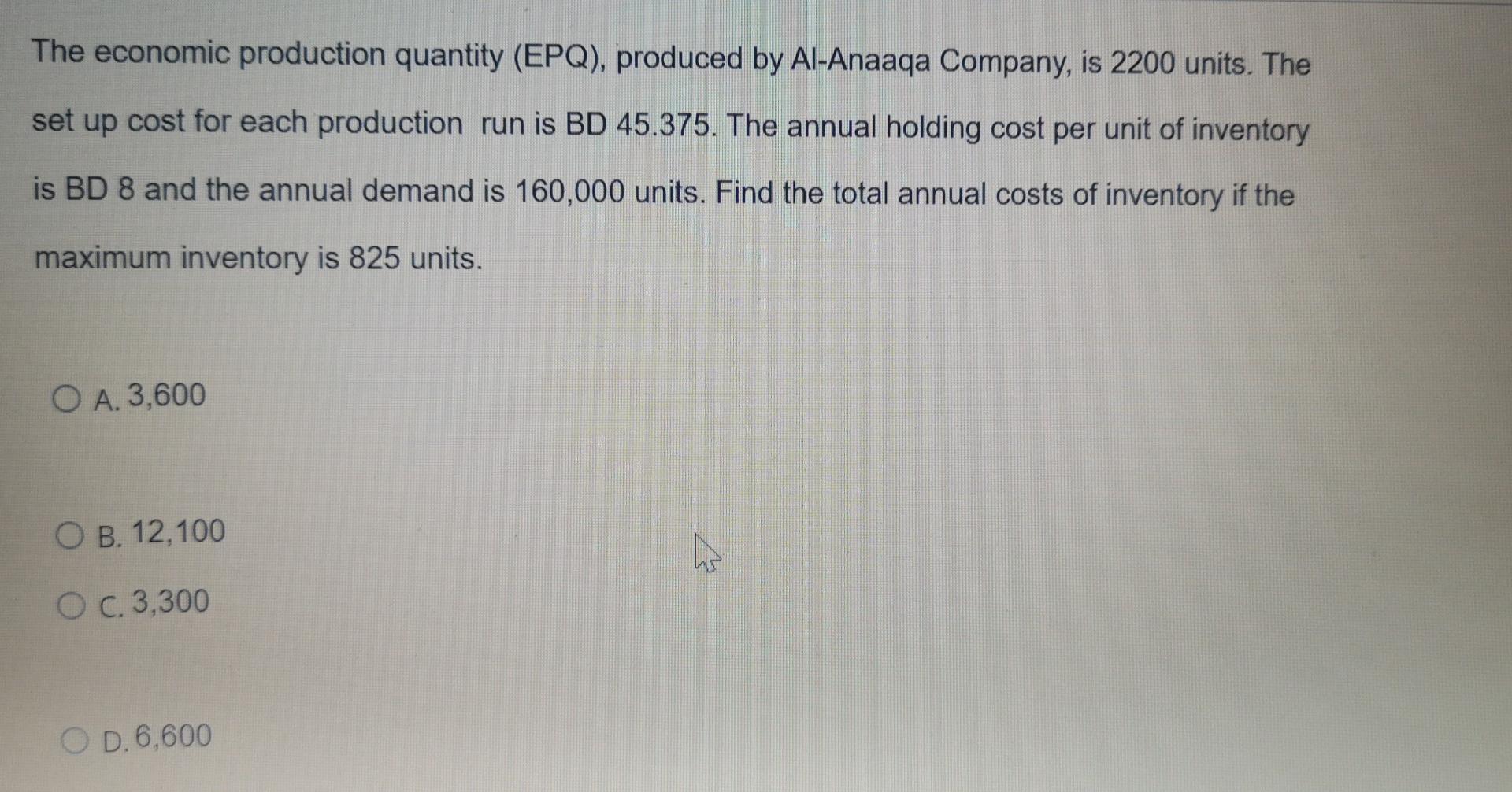 The economic production quantity (EPQ), produced