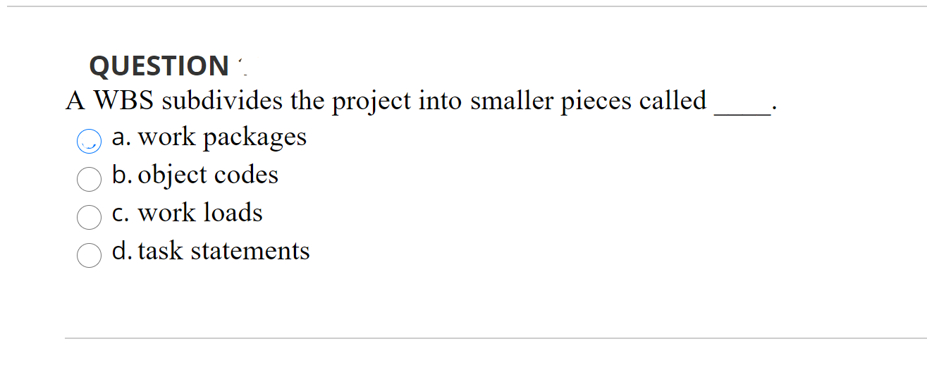 QUESTION A WBS subdivides the project into
