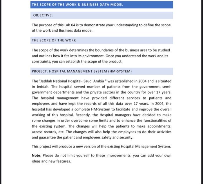 THE SCOPE OF THE WORK & BUSINESS DATA MODEL