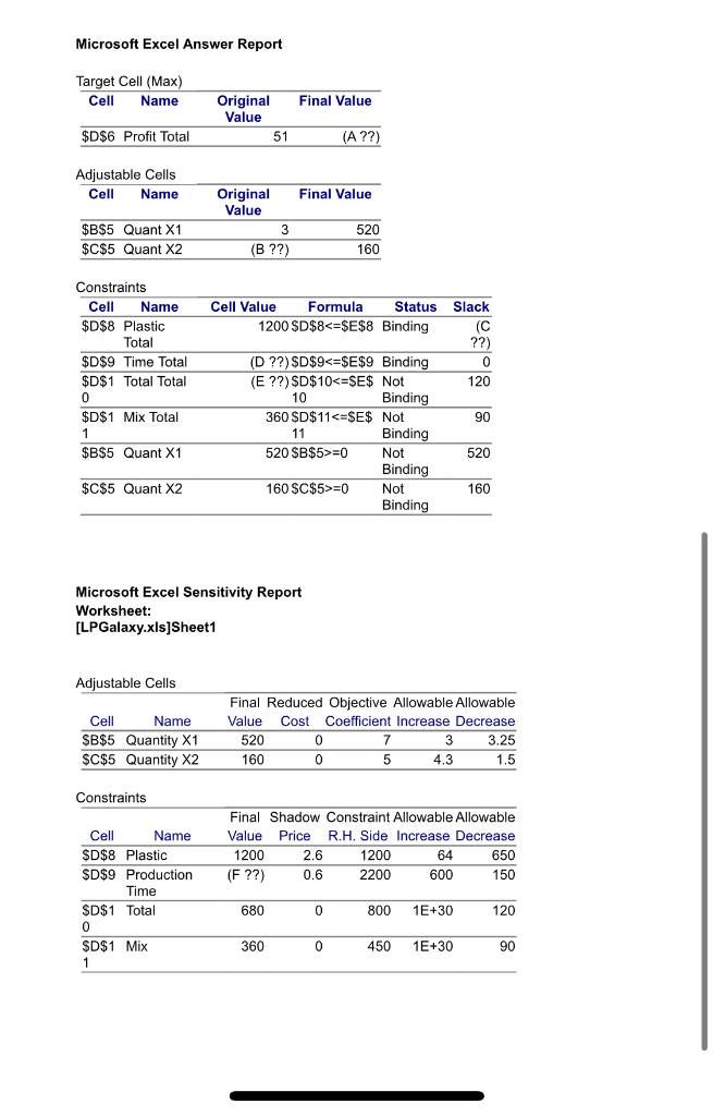 answer question 7 a-e using the given information