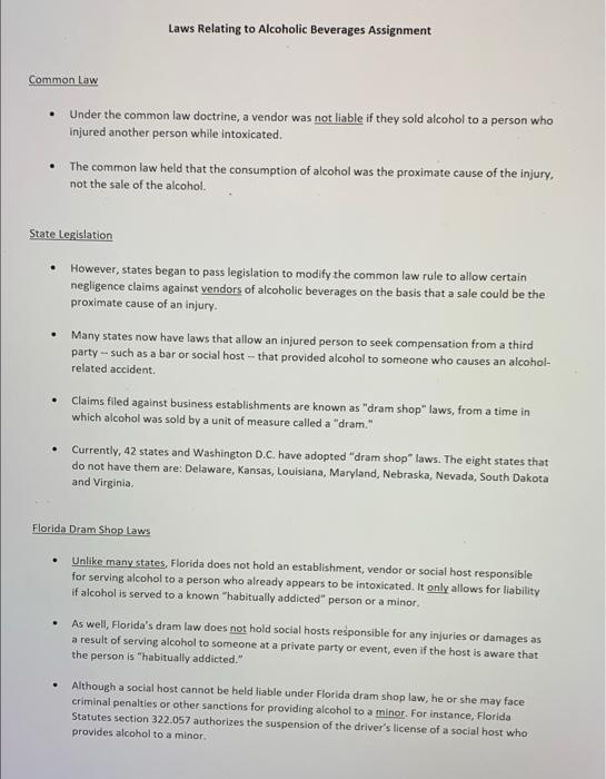 Hospitality Law Laws Relating to Alcoholic