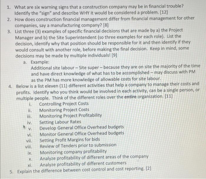 1. What are six warning signs that a construction