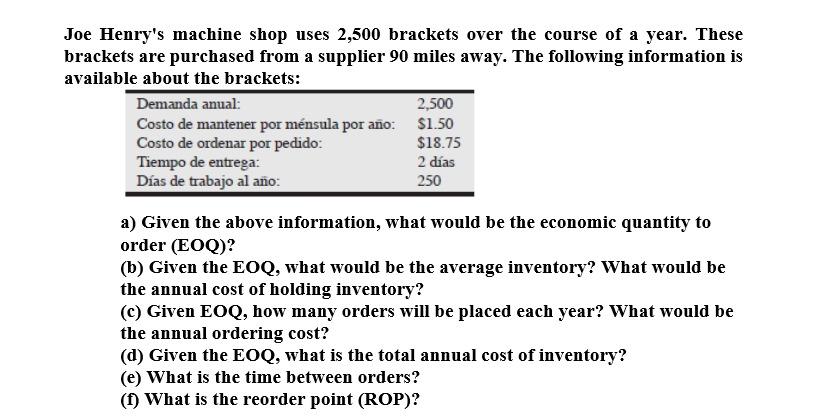 Joe Henry's machine shop uses 2,500 brackets over