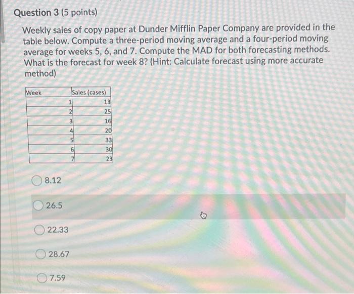 Question 3 (5 points) Weekly sales of copy paper