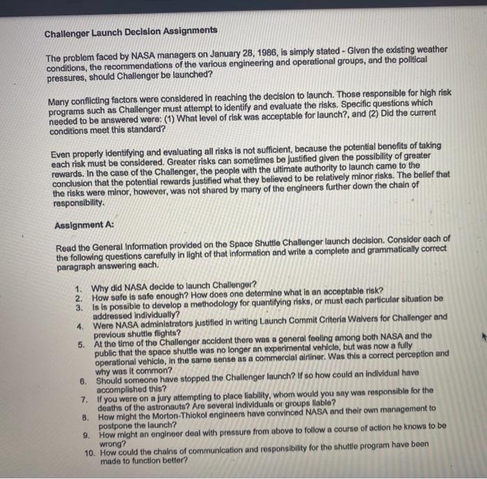 Help please Challenger Launch Decision
