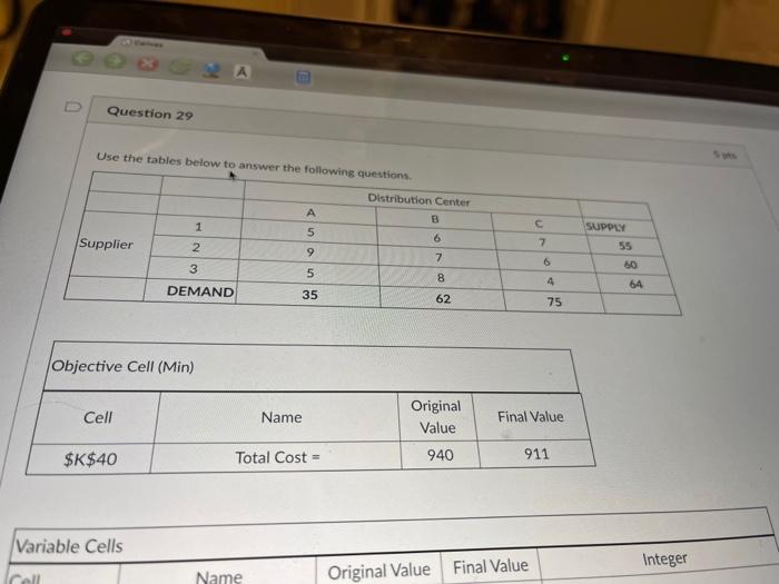 Question 29 Use the tables below to answer the