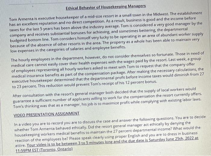 Ethical Behavior of Housekeeping Managers Tom
