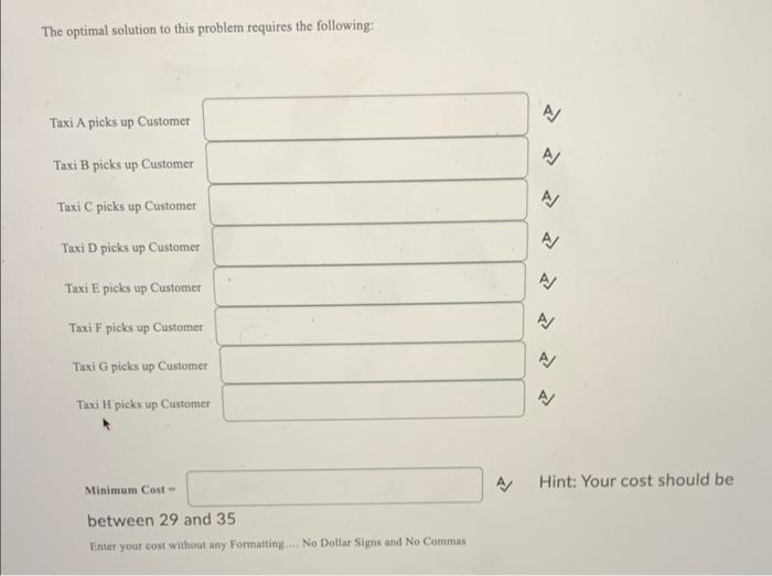 Below is a table of times for Taxis (A to H) to