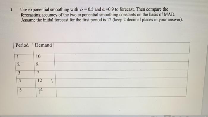 1. Use exponential smoothing with a = 0.5 and