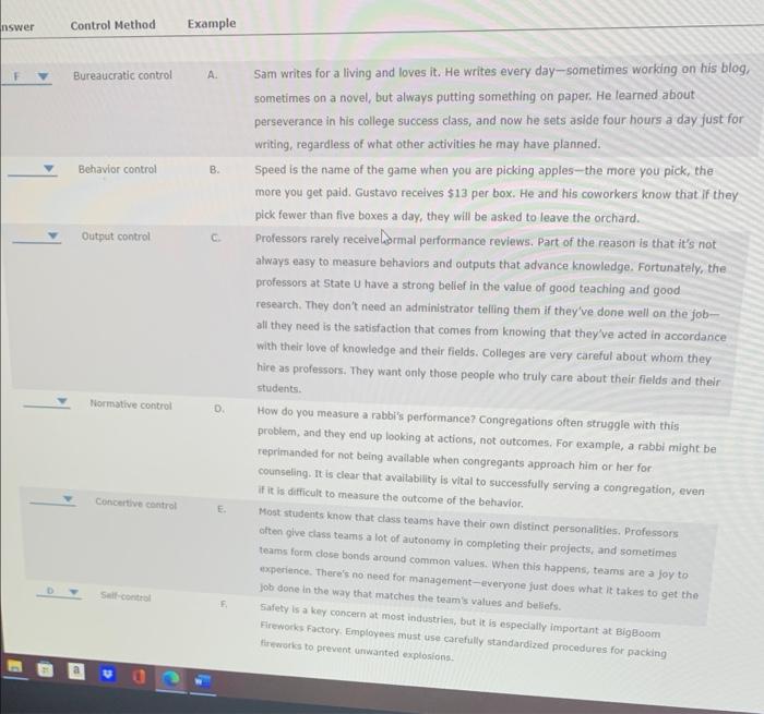 nswer Control Method Example Bureaucratic control
