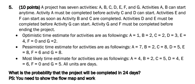 5. (10 points) A project has seven activities: A,