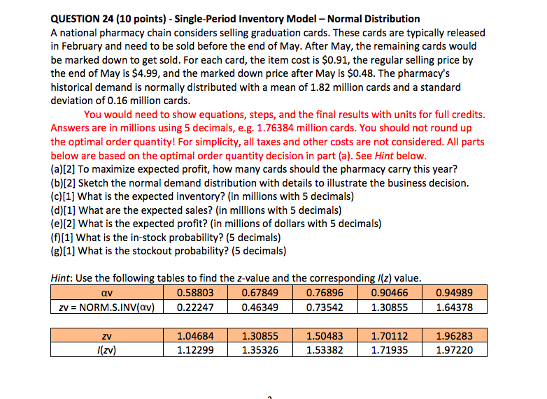 QUESTION 24 (10 points) - Single-Period Inventory