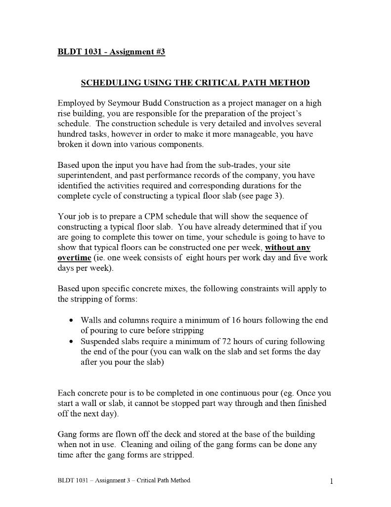 BLDT 1031 - Assignment #3 SCHEDULING USING THE