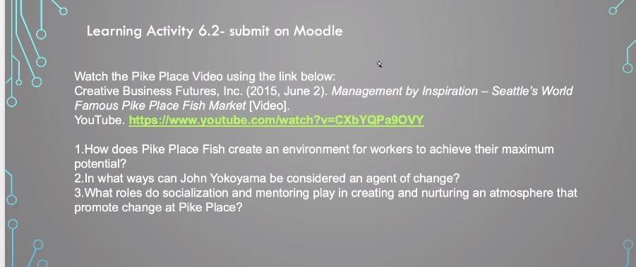 o Learning Activity 6.2- submit on Moodle Watch