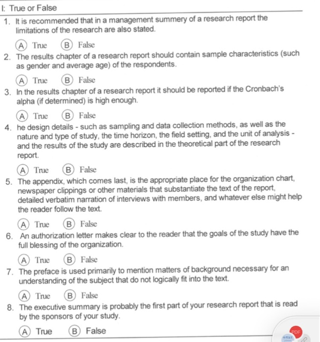 I: True or False 1. It is recommended that in a