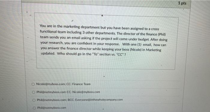 1 pts You are in the marketing department but you