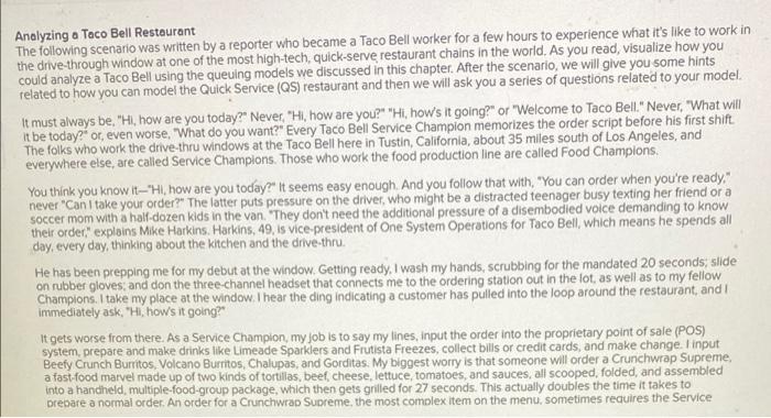 Analyzing a Taco Bell Restaurant The following
