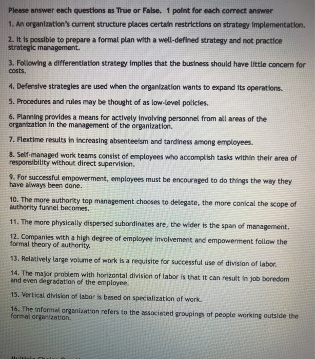 Please answer each questions as True or False. 1