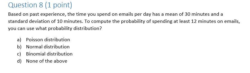 Question 8 (1 point) Based on past experience,