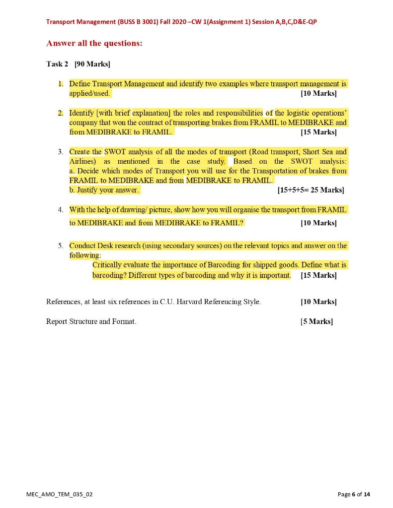 Transport Management (BUSS B 3001) Fall 2020-CW