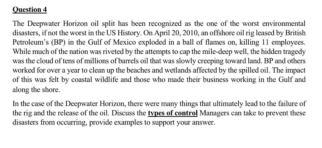 Question 4 The Deepwater Horizon oil split has