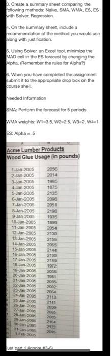 3. Create a summary sheet comparing the following