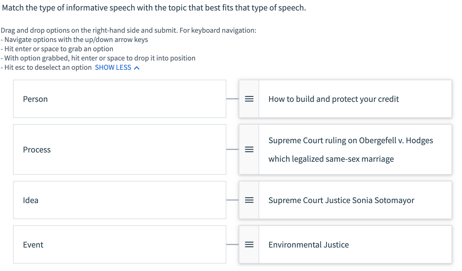 Match the type of informative speech with the