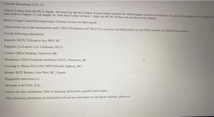 Customs Documents CCD, CI Choose 2 items from the
