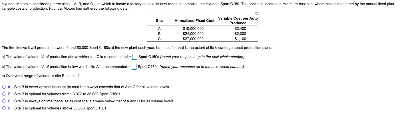 Hyundai Motors is considering three sites-A, B,