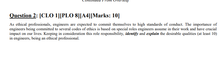 Question 2: [CLO 1][PLO 8][A4][Marks: 10] As