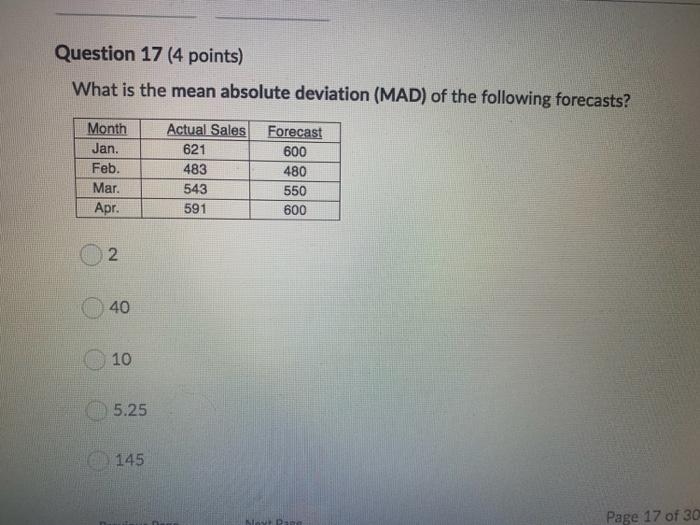 Question 17 (4 points) What is the mean absolute