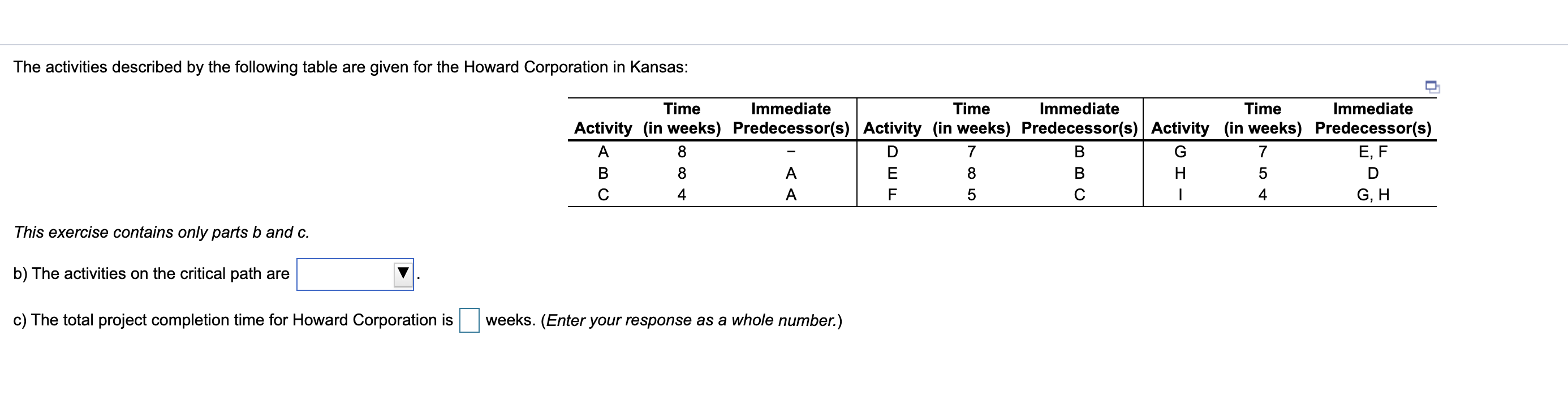 The activities described by the following table