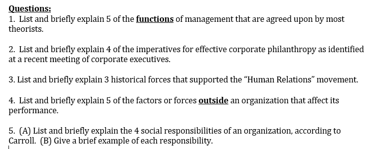 Questions: 1. List and briefly explain 5 of the