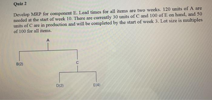Quiz 2 Develop MRP for component E. Lead times