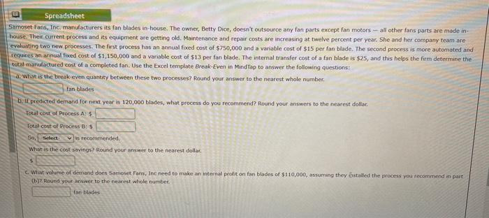 Spreadsheet Samoset Fans, Inc. manufacturers its