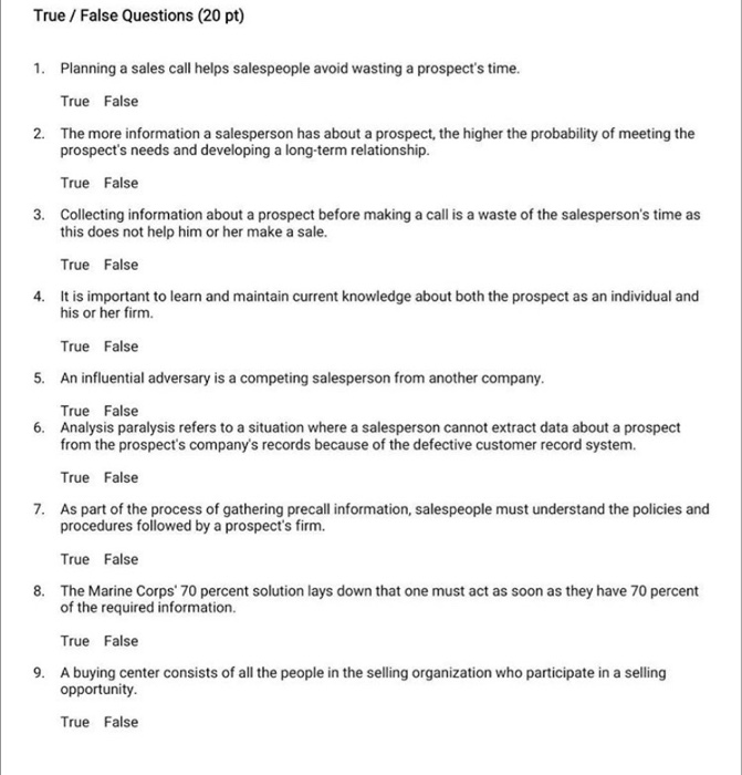 True / False Questions (20 pt) 1. Planning a