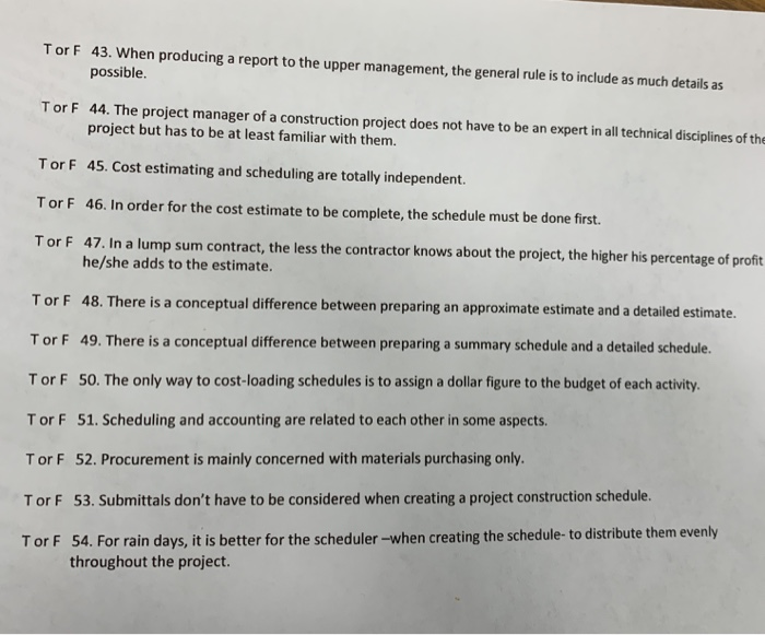 contrustion Management True or False Tor F 43.